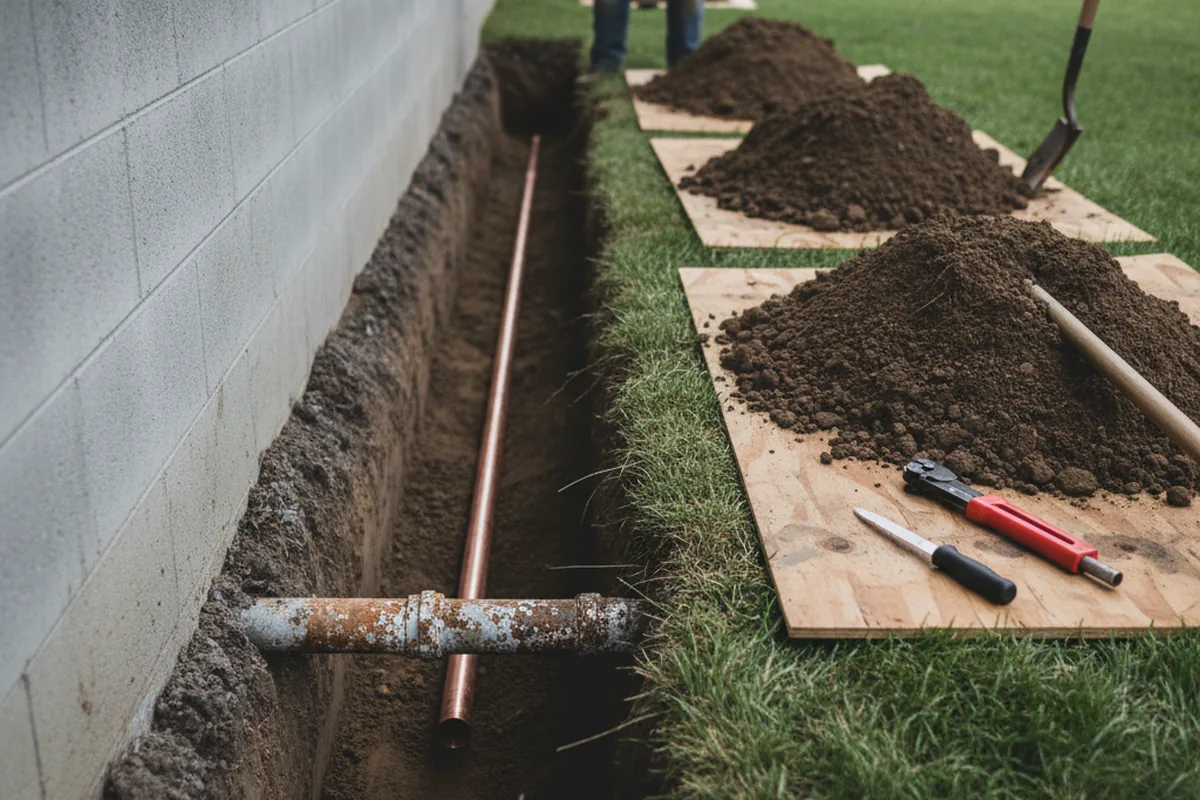 Excavated water line trench during Water Softener Installation in Hatfield